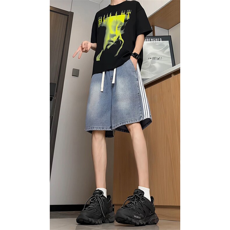 三条杠牛仔短裤男2025夏季新款休闲宽松五分裤子-A2053TP38控68,男装牛仔裤,电商B241