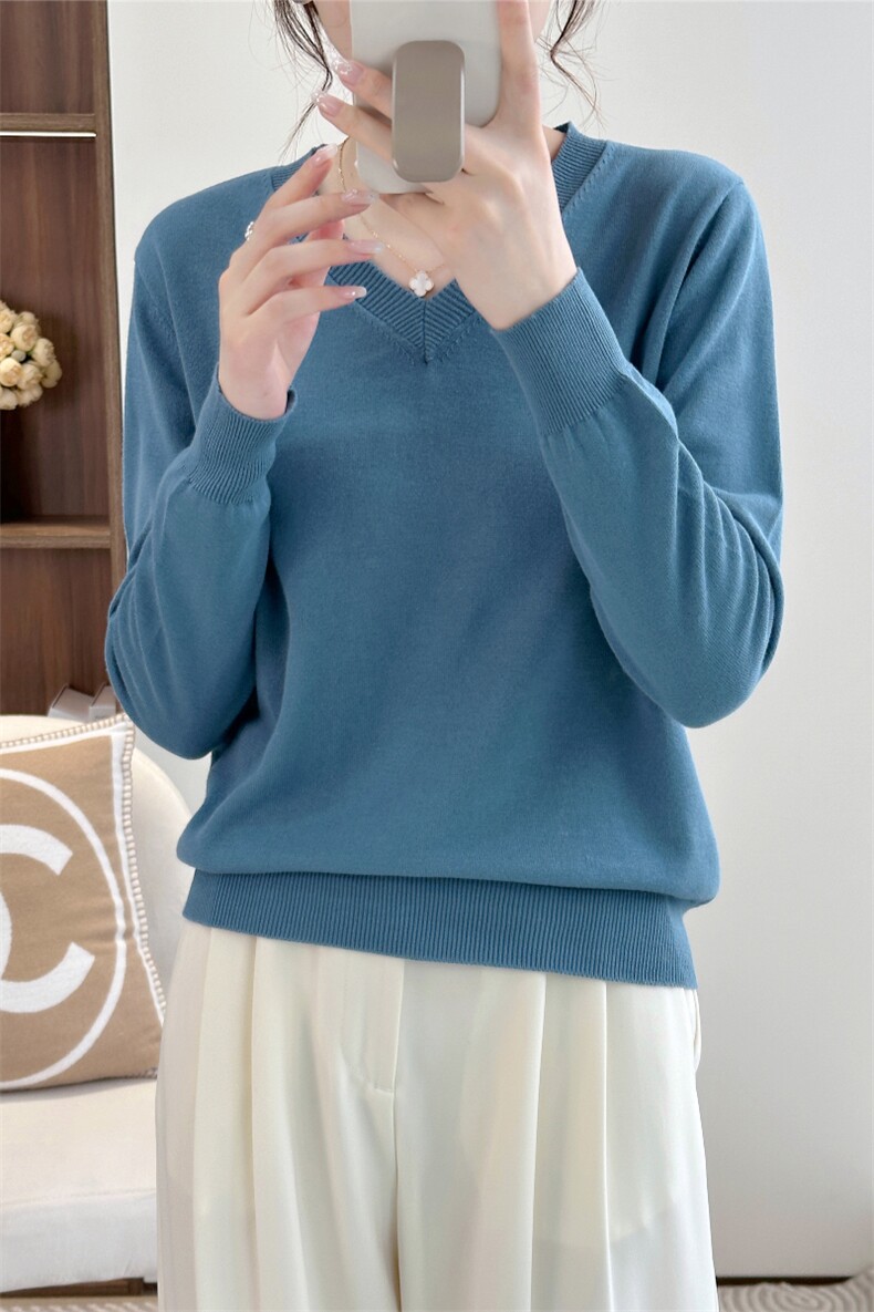 100%纯棉V领针织衫女套头纯色鸡心领长袖打底衫宽松休闲大码毛衣,针织衫/毛衣,阁惠羊绒