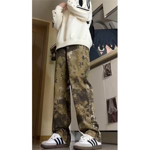 秋装复古帆布蛇纹牛仔裤迷彩重水洗痞帅宽松休闲弯刀裤GJ338 P55图片