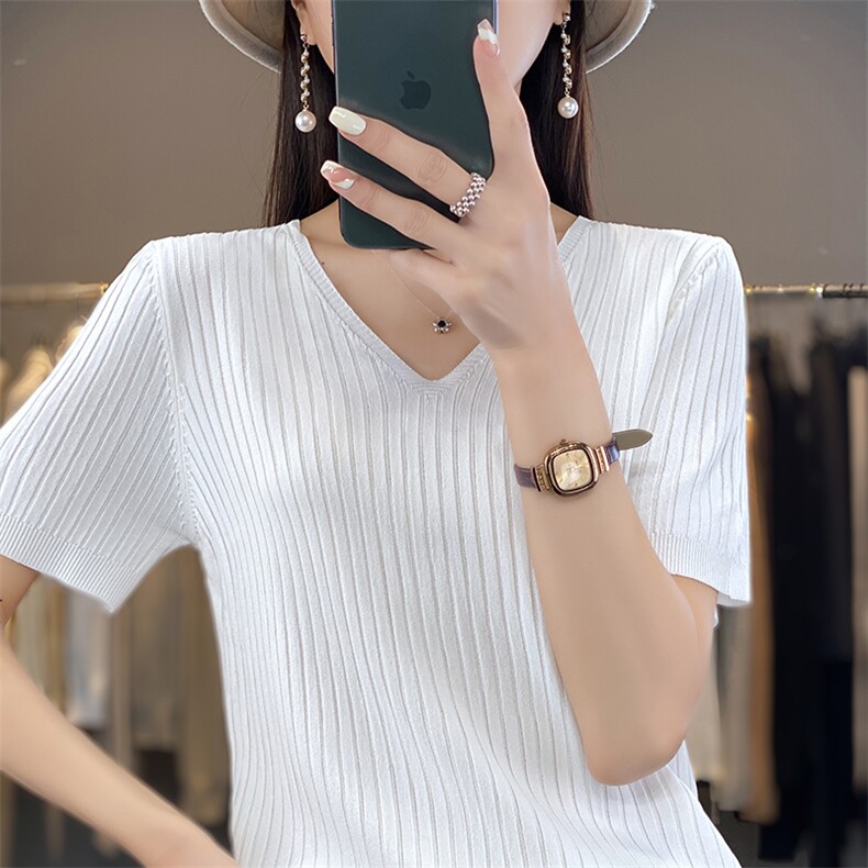 v领新款毛针织短袖女纯色简约百搭宽松套头上衣通勤,针织衫/毛衣,戎洋