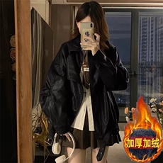 美式高级感复古黑色皮衣外套设计拉链开衫宽松小个子加绒夹克上衣，男装夹克，星座506A
