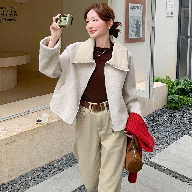 2026秋冬新款羽绒领子拼接羊毛双面呢外套大衣p265=k355,女装羊绒大衣,2B142
