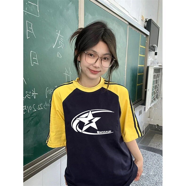 夏季美式高街重磅纯棉三条杠织带插肩撞色男女短袖T恤CZ28-特P25,男装T恤,电商A486