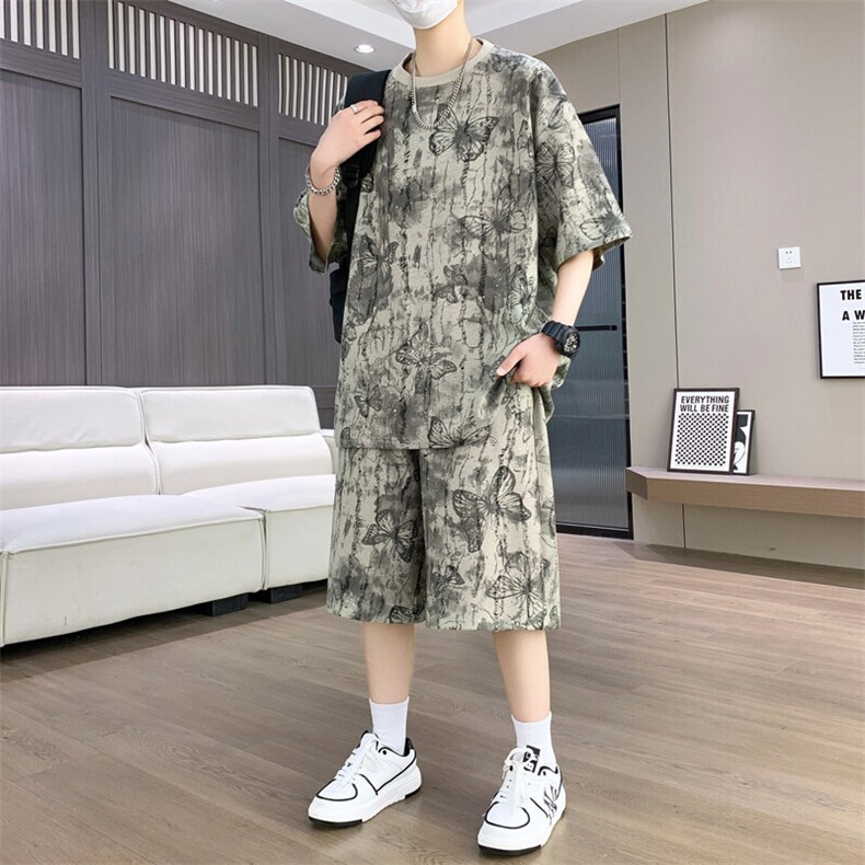 夏季港风套装男宽松扎染满天星短袖T恤短裤套装TZ6629-P55，男装休闲套装，星座310B-3