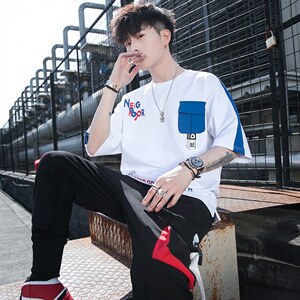 2023夏季潮流时尚T恤男装青少年宽松棉质ins圆领套装F160P75图片