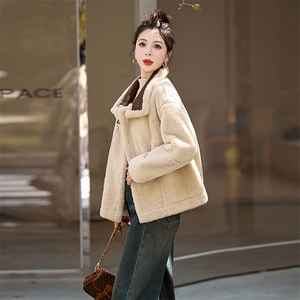 立领麂皮绒羊羔毛外套女冬季宽松加厚保暖短款皮毛一体机车服棉衣图片