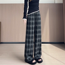 窄版直筒毛呢格子裤女秋冬新款大码显瘦上复古慵懒拖地阔腿裤，女装休闲裤，云美莎专业女裤-全店现货