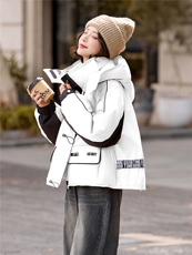 时尚拼接短款羽绒服女2025冬季新款宽松加厚小个子连帽外套，女装羽绒服，依多米