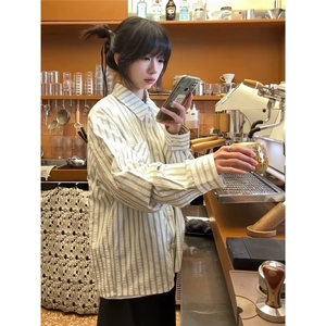 美式长袖条纹衬衫男潮牌宽松休闲学院衬衣外套情侣上衣L32088-P48图片