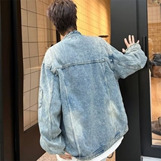 美式高街牛仔外套男春秋水洗做旧复古潮牌宽松拉链夹克痞帅机车服，男装工装外套，星座601-1