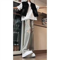 美式高街vibe破洞牛仔裤男夏季设计感裤子直筒微喇裤子L61733-P45，男装牛仔裤，星座1008
