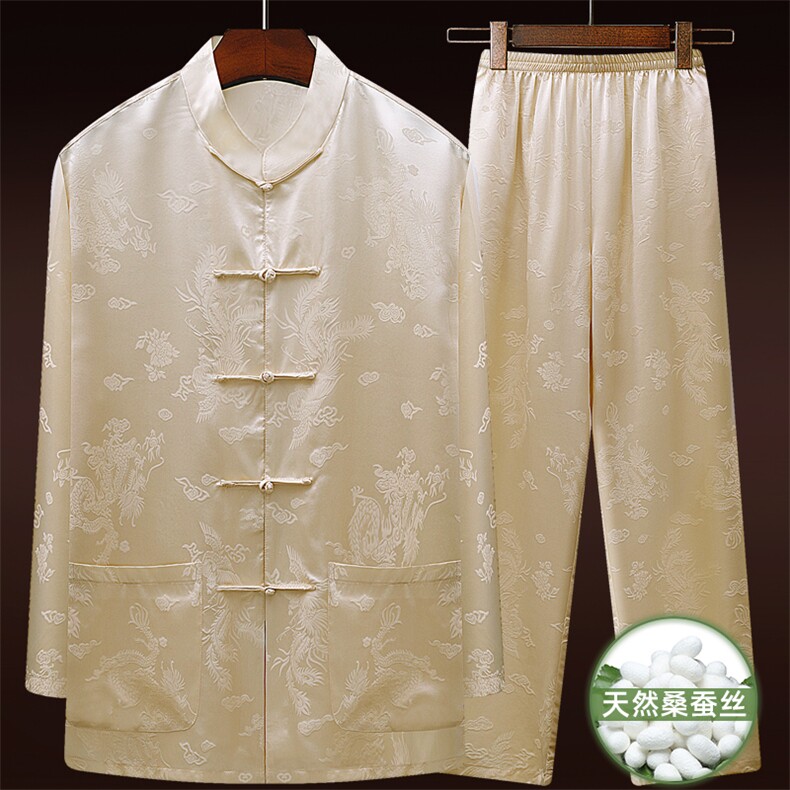 25夏款大龙中老年风唐装真丝绸长袖套装太极服套装，男装休闲套装，钱塘723