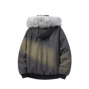 网图  美式复古连帽毛尼棉服女款冬季加厚保暖毛领拼接情侣棉衣图片
