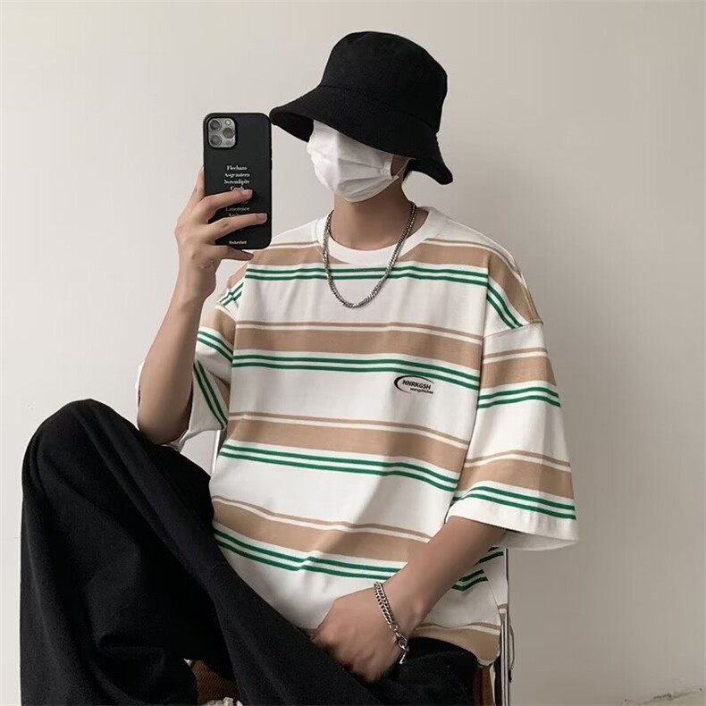 港风夏季纯棉高质量短袖条纹T恤宽松舒适T47p35,男装T恤,星座1013