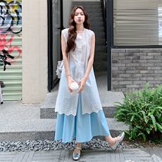 文艺风刺绣背心连衣裙套装女2025夏季新款韩系宽松阔腿裙裤两件套，女装套装/套裙，2C169