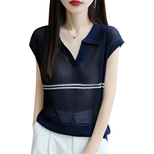 莱赛尔polo领针织小飞袖T恤女2025夏薄透气宽松短袖打底小上衣t恤图片