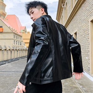 秋冬新款男皮夹克新潮休闲PU皮衣男装修身男士皮外套9912-P65图片