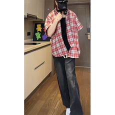 美式复古格子短袖衬衫夏男女宽松潮流小众休闲半袖衬衣CSD03P35，男装T恤，电商D256-1(原A064-1)