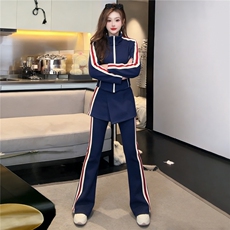 时尚休闲减龄套装女春款条纹拼接立领开衫上衣屁帘微喇长裤三件套，女装套装/套裙，江南