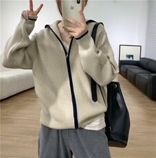 设计感小众高领拉链上衣慵懒风宽松别致针织开衫毛衣外套女秋季，女装针织衫/毛衣，雪真羊绒