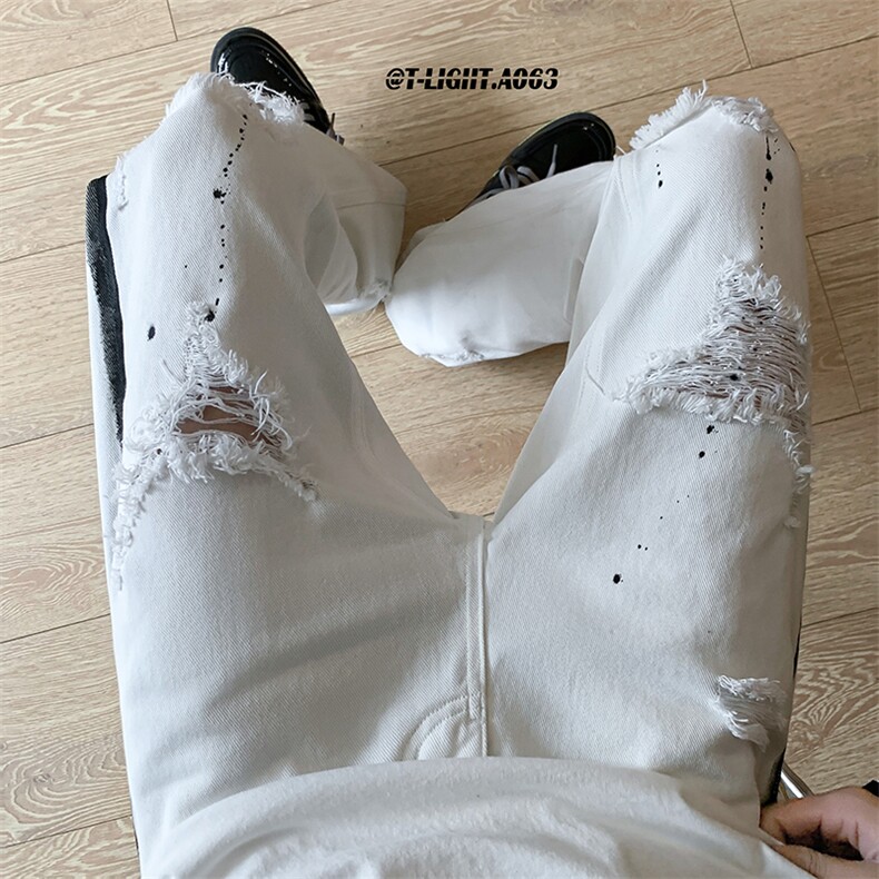 美式高街夏季破洞涂鸦黑白牛仔裤货号K739P65，男装牛仔裤，电商A063