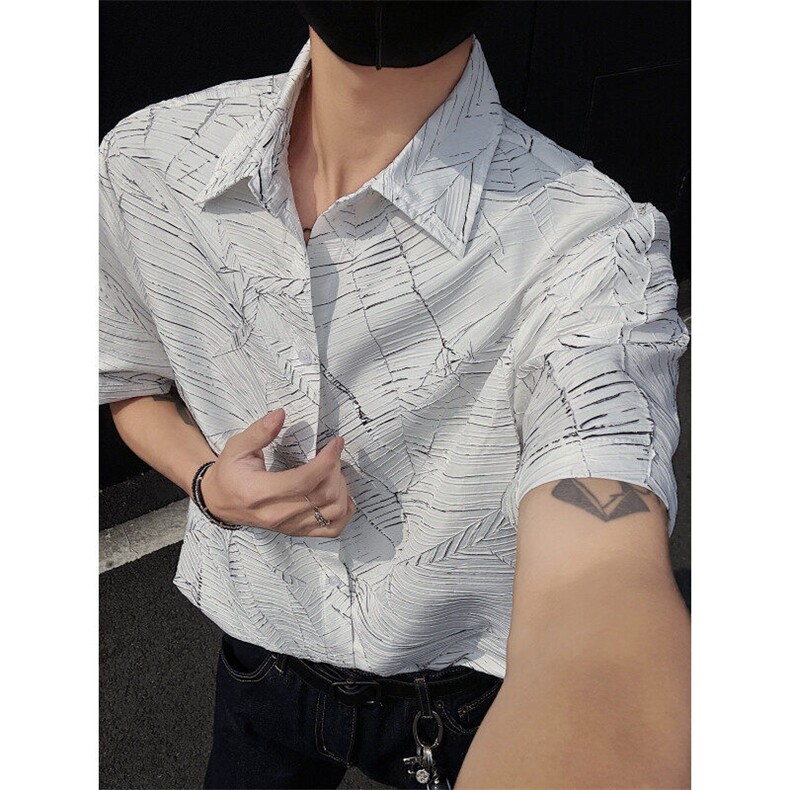 现货！夏季肌理几何图案美式短袖衬衫抖音得物可送样EX50575特P30,男装衬衫,电商A061