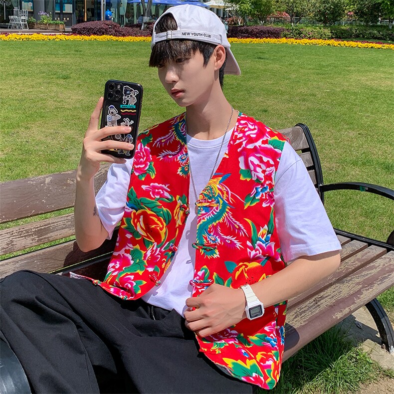 夏新东北大花布马甲修身背心马甲坎肩盘扣演出服男女大码外衣MJ02图片