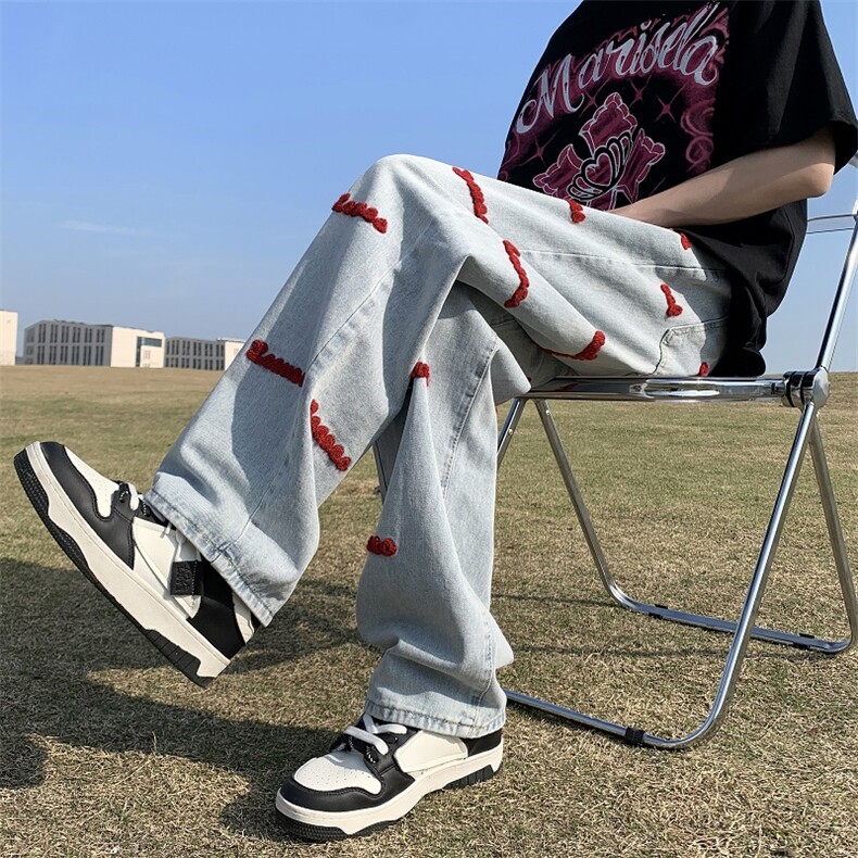美式hiphop裤子潮牌vibe风宽松直筒阔腿裤男女刺绣牛仔裤,男装牛仔裤,星座1018A