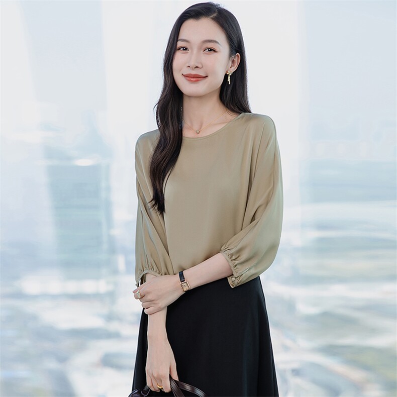 纯色真丝上衣女七分袖2026春夏宽松中袖中年妈妈装真丝T恤小衫,女装衬衫,阿舍尔精品
