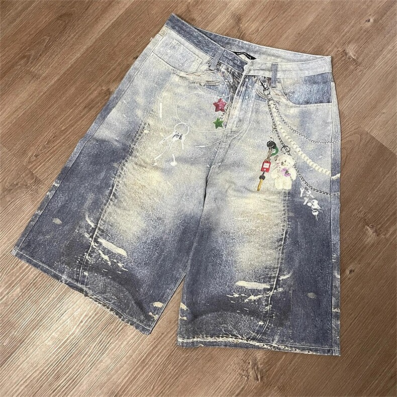 美式潮牌满印挂饰阔腿牛仔短裤男夏季街头痞帅宽松直筒休闲七分裤,男装牛仔裤,星座1210-1
