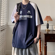 得物品质夏男纯棉短袖T恤字母印花条纹拼色五分袖T恤衫T13P43，男装T恤，星座1013-1