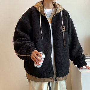 羊羔毛连帽双拼色假两件棉衣字母刺绣外套保暖棉衣 8608-p135图片