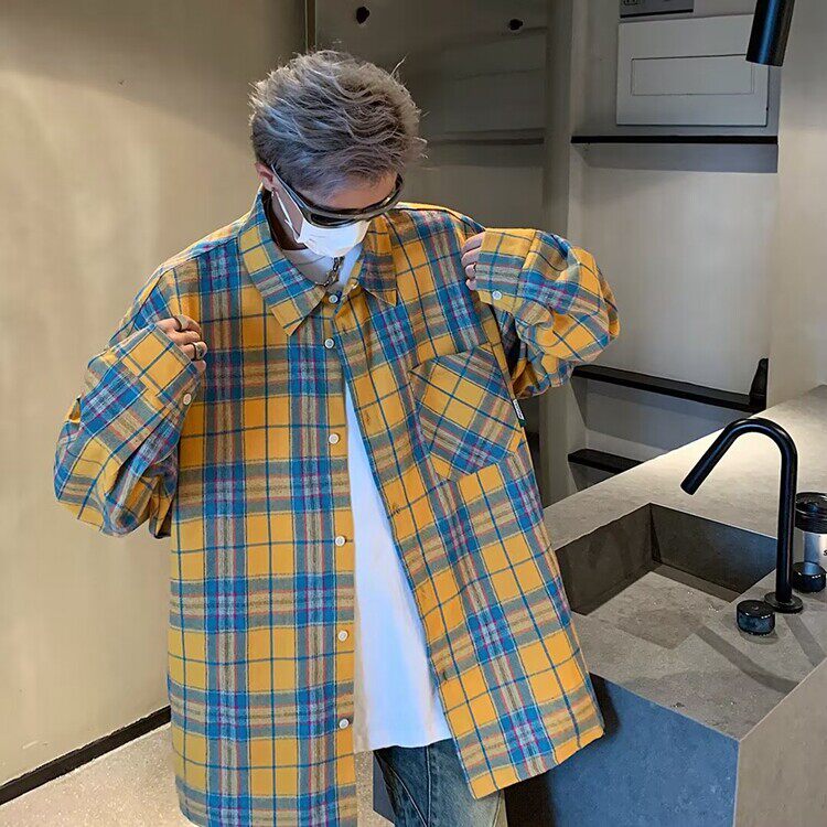 春夏黄格子显白衬衫男款外套男长袖衬衣2025新款女生百搭衣服潮牌,男装衬衫,星座218-8