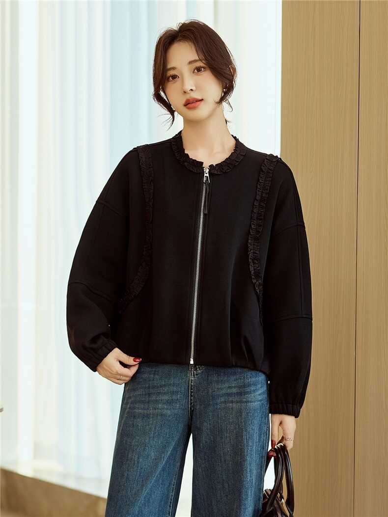 黄色小众设计木耳边圆领短外套女2026早春新款宽松休闲百搭夹克,女装短外套,梦懿尔