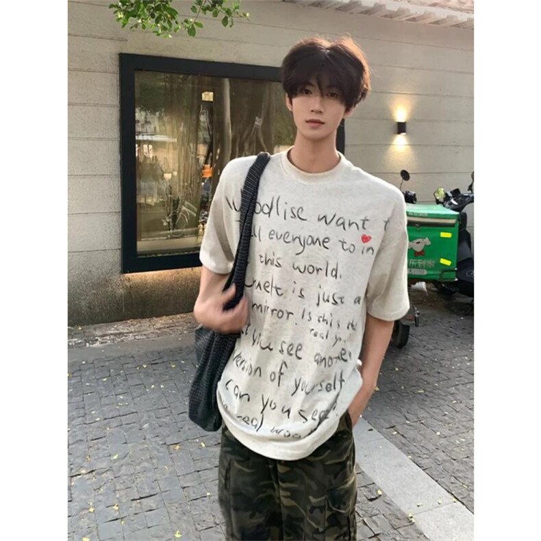 网图有货美式复古手绘字母涂鸦纯棉短袖男女欧美潮牌t恤A335-P25,男装T恤,星座1505