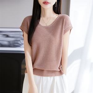 针织短袖女2025夏季时尚薄款上衣高级感超好看半袖天丝亚麻T恤衫图片
