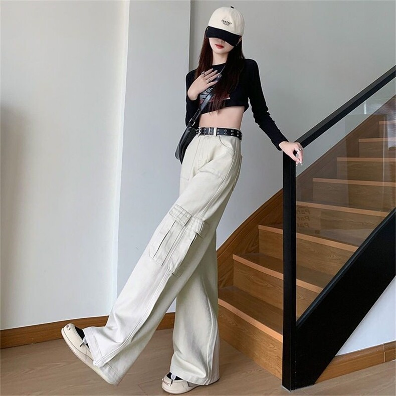 美式工装牛仔裤女2024新款高腰宽松宽松垂感显瘦直筒阔腿裤,男装休闲裤,星座506A