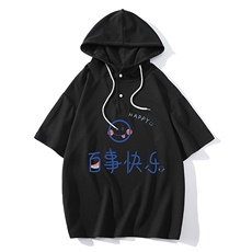 LD54183-P45连帽短袖t恤男大码胖子带帽五分袖中袖大皂风，男装T恤，电商A040
