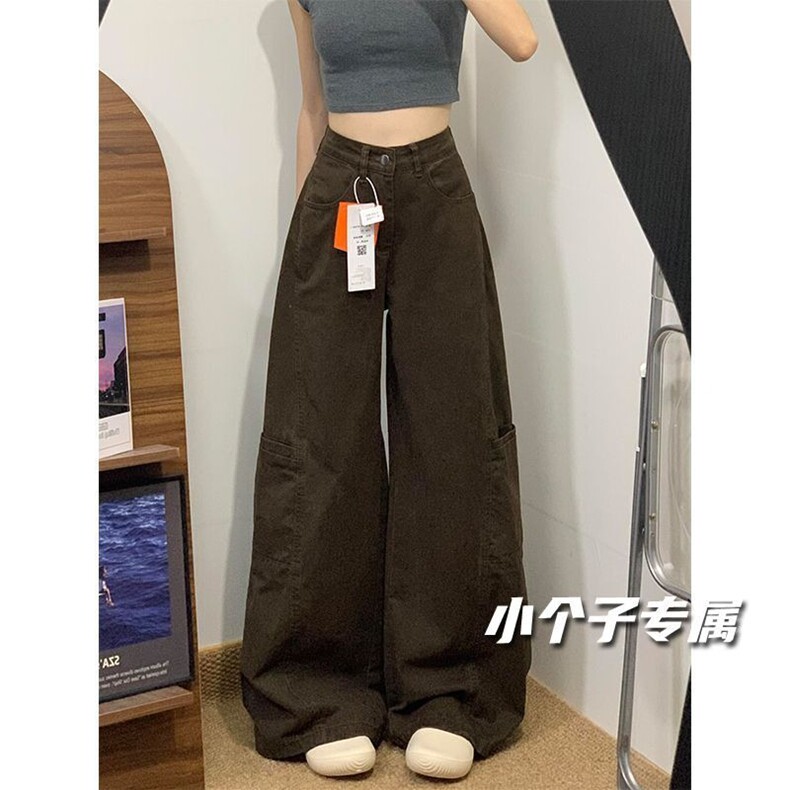 小个子复古美拉德咖色阔腿工装牛仔裤女新款辣妹高腰宽松直筒长裤,男装牛仔裤,星座1409-3