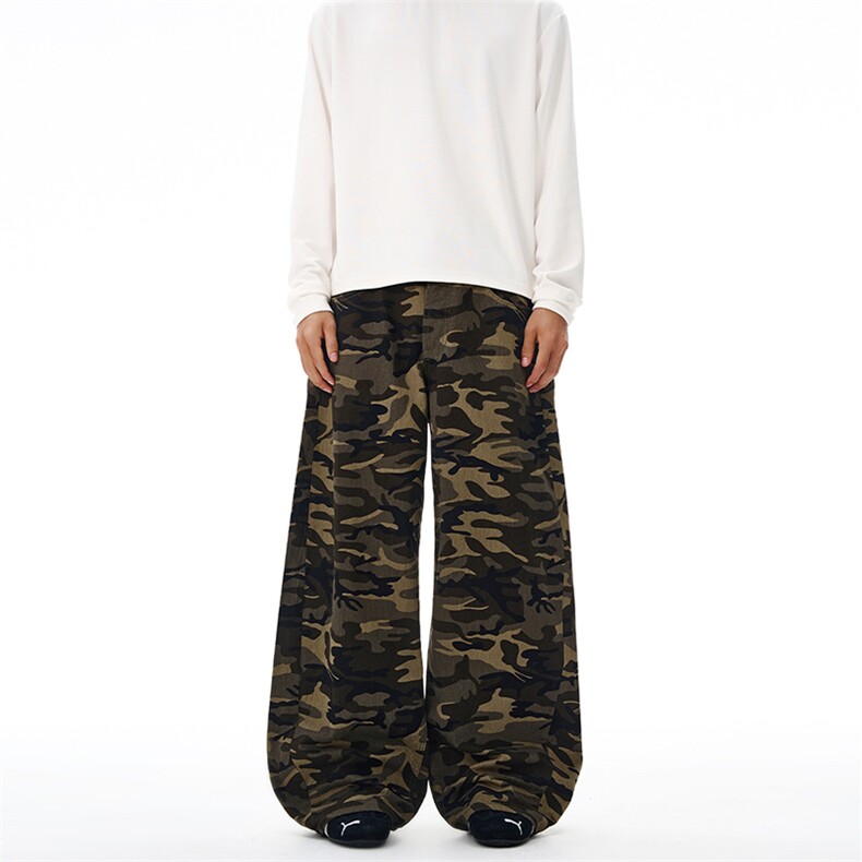 2025秋冬美式高街拖地复古阔腿迷彩休闲裤女慵懒宽松直筒长裤子潮，男装休闲裤，星座301D-3