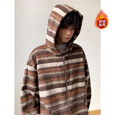 冬季加绒条纹卫衣长袖针织开衫复古潮牌外套5D1193-TP65118，男装卫衣，电商A102