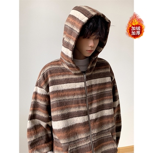 冬季加绒条纹卫衣长袖针织开衫复古潮牌外套 5D1193-TP65118图片