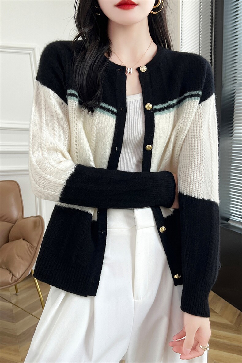 拼色加厚开衫针织衫羊毛衫女秋冬2024年新款,女装羊毛衫,哲奥羊绒
