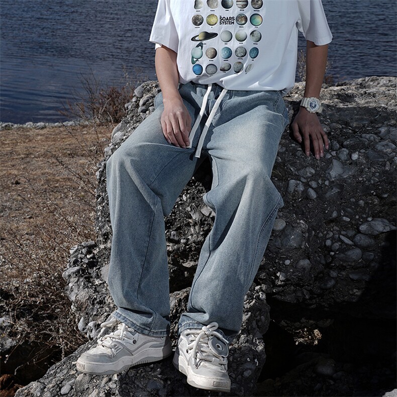 2024牛仔裤男女同款抽绳美式设计感休闲裤N03p45，男装牛仔裤，电商D315