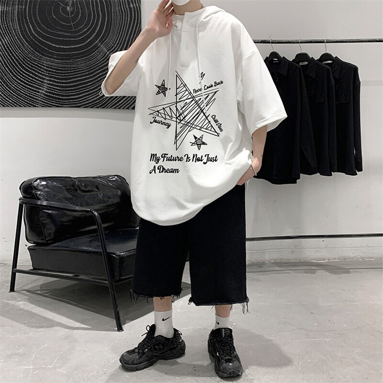 LD54456-P45连帽短袖t恤男大码胖子带帽五分袖中袖,男装T恤,电商A040