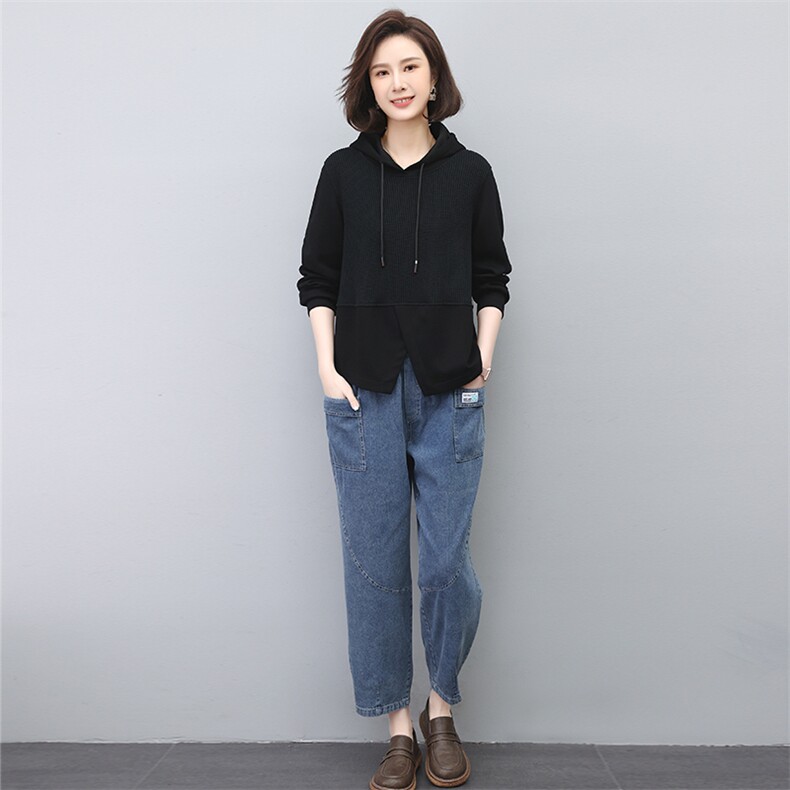 春季新款拼接连帽时尚套装显瘦百搭休闲两件套，女装套装/套裙，叶笙衣