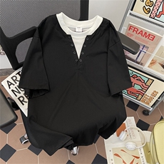夏季新款假两件圆领短袖T恤潮流薄款宽松休闲百搭上衣，男装T恤，星座410-7