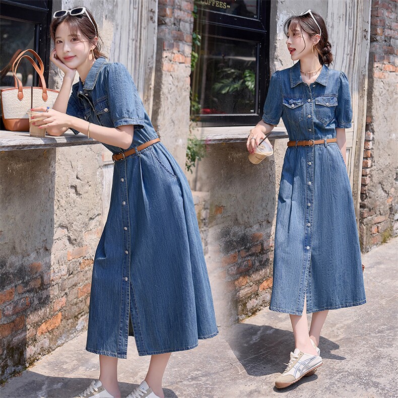 2025年夏季新款时尚翻领显瘦牛仔连衣裙女,女装连衣裙,美沁