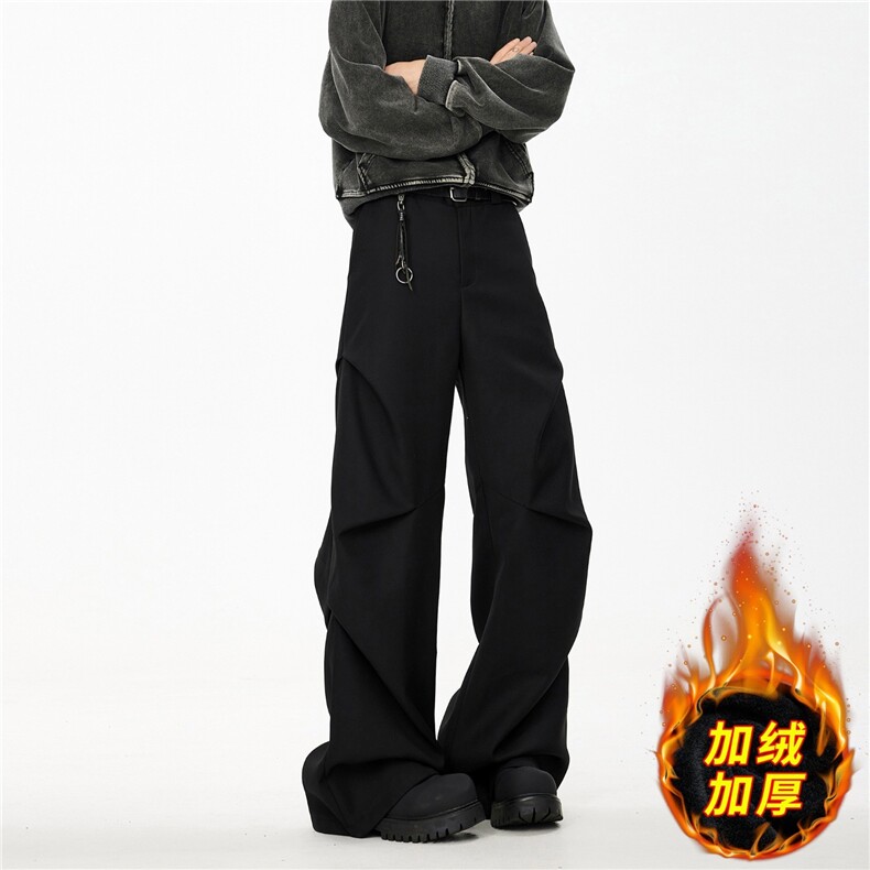 美式复古cleanfit褶皱垂感微喇西裤男秋冬季加绒加厚宽松休闲长裤，男装西裤，星座813-2