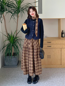 韩系轻熟风御姐牛仔马甲套装女2025春秋超火好看格纹连衣裙两件套图片